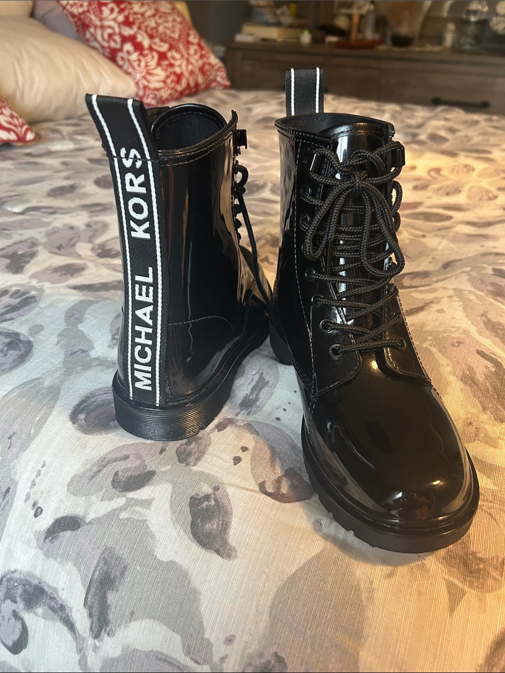Michael Kors Black Patent Lace-Up Combat Boots with Logo Heel Tab